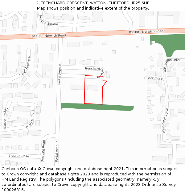 2, TRENCHARD CRESCENT, WATTON, THETFORD, IP25 6HR: Location map and indicative extent of plot