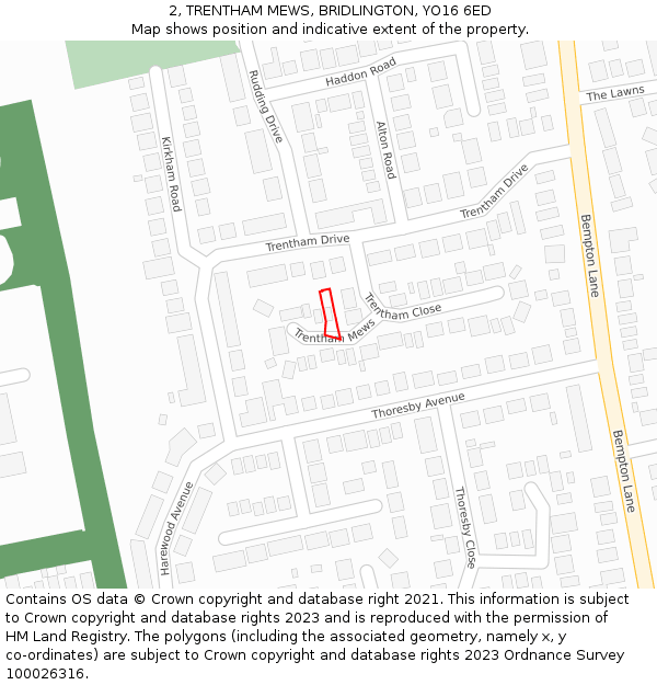 2, TRENTHAM MEWS, BRIDLINGTON, YO16 6ED: Location map and indicative extent of plot