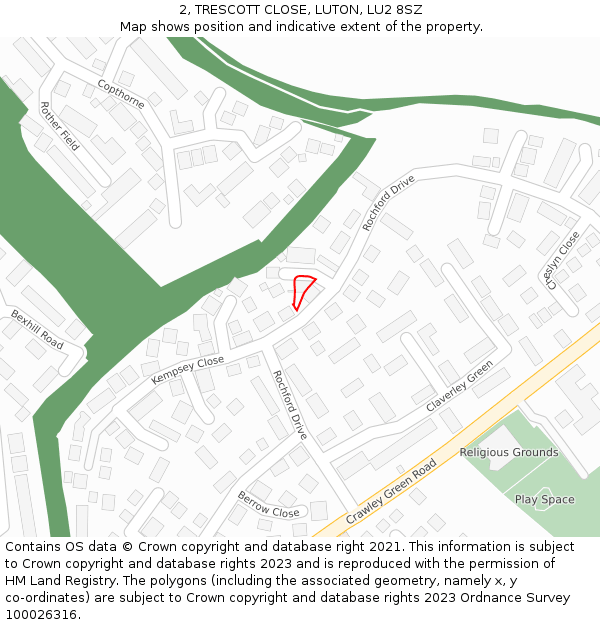 2, TRESCOTT CLOSE, LUTON, LU2 8SZ: Location map and indicative extent of plot