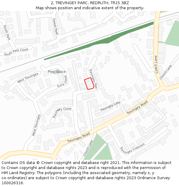 2, TREVINGEY PARC, REDRUTH, TR15 3BZ: Location map and indicative extent of plot