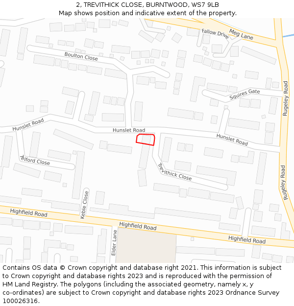 2, TREVITHICK CLOSE, BURNTWOOD, WS7 9LB: Location map and indicative extent of plot