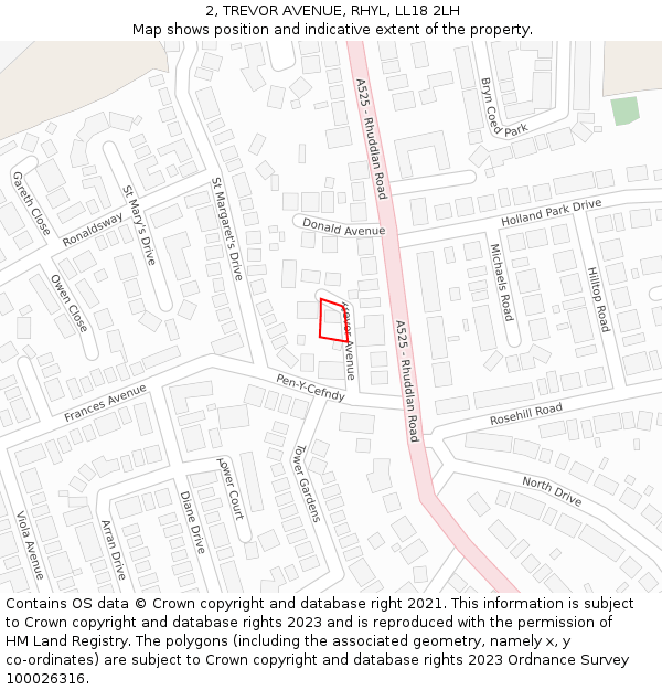 2, TREVOR AVENUE, RHYL, LL18 2LH: Location map and indicative extent of plot