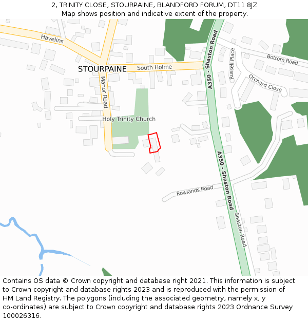 2, TRINITY CLOSE, STOURPAINE, BLANDFORD FORUM, DT11 8JZ: Location map and indicative extent of plot