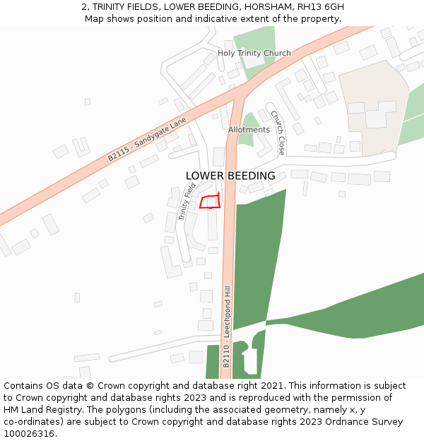 2, TRINITY FIELDS, LOWER BEEDING, HORSHAM, RH13 6GH: Location map and indicative extent of plot