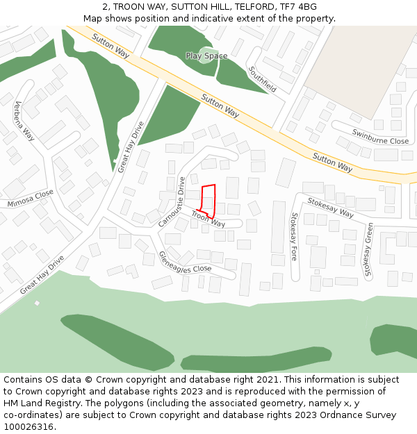 2, TROON WAY, SUTTON HILL, TELFORD, TF7 4BG: Location map and indicative extent of plot