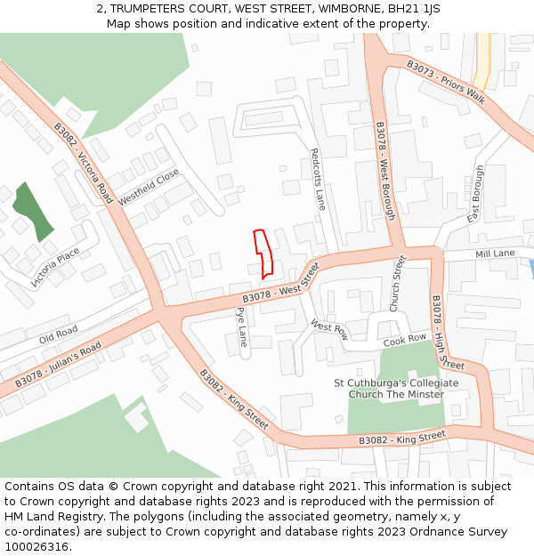 2, TRUMPETERS COURT, WEST STREET, WIMBORNE, BH21 1JS: Location map and indicative extent of plot