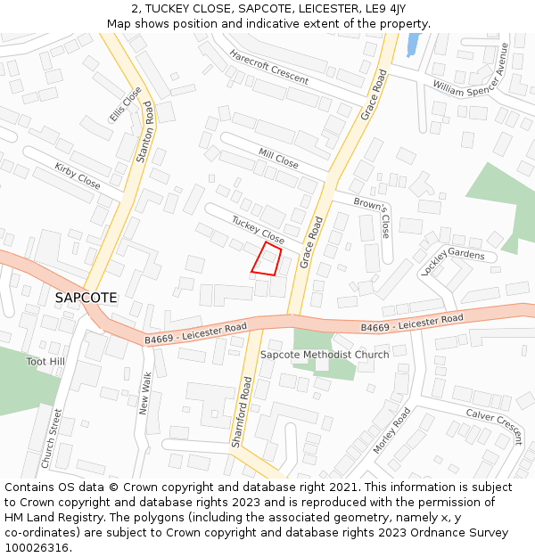 2, TUCKEY CLOSE, SAPCOTE, LEICESTER, LE9 4JY: Location map and indicative extent of plot
