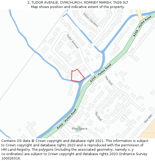 2, TUDOR AVENUE, DYMCHURCH, ROMNEY MARSH, TN29 0LT: Location map and indicative extent of plot