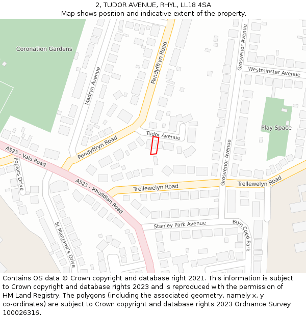 2, TUDOR AVENUE, RHYL, LL18 4SA: Location map and indicative extent of plot