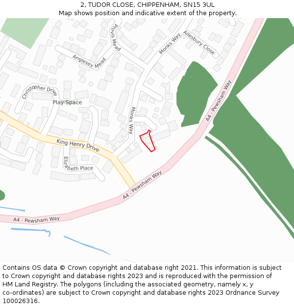 2, TUDOR CLOSE, CHIPPENHAM, SN15 3UL: Location map and indicative extent of plot