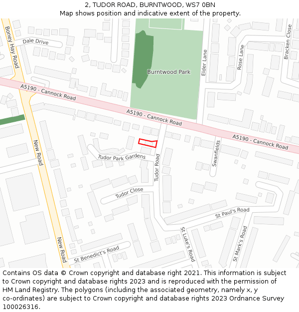 2, TUDOR ROAD, BURNTWOOD, WS7 0BN: Location map and indicative extent of plot