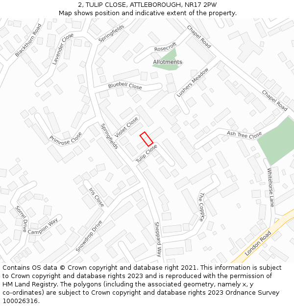 2, TULIP CLOSE, ATTLEBOROUGH, NR17 2PW: Location map and indicative extent of plot