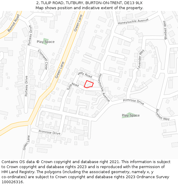 2, TULIP ROAD, TUTBURY, BURTON-ON-TRENT, DE13 9LX: Location map and indicative extent of plot