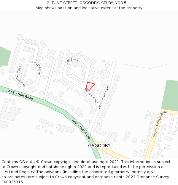 2, TUNE STREET, OSGODBY, SELBY, YO8 5HL: Location map and indicative extent of plot