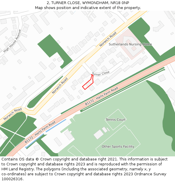 2, TURNER CLOSE, WYMONDHAM, NR18 0NP: Location map and indicative extent of plot