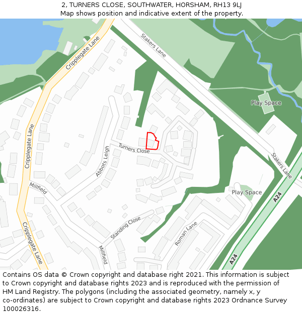 2, TURNERS CLOSE, SOUTHWATER, HORSHAM, RH13 9LJ: Location map and indicative extent of plot