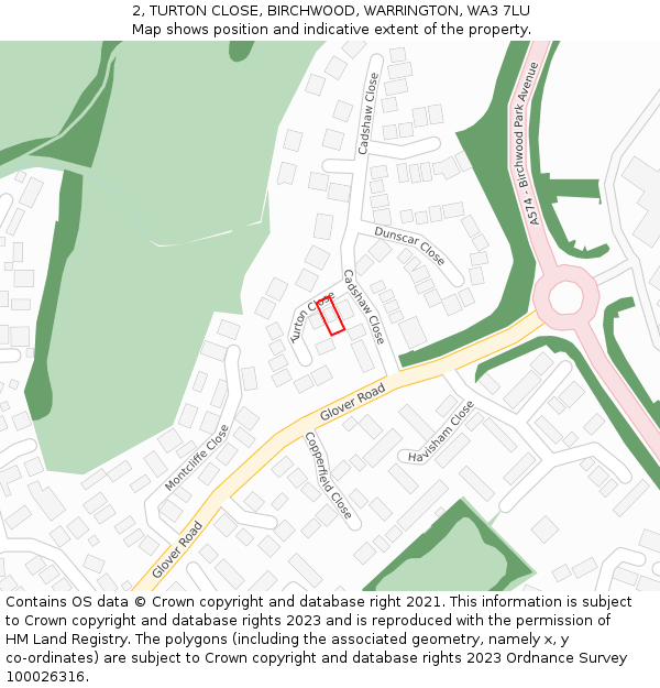 2, TURTON CLOSE, BIRCHWOOD, WARRINGTON, WA3 7LU: Location map and indicative extent of plot