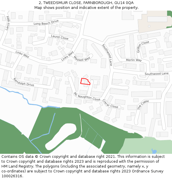 2, TWEEDSMUIR CLOSE, FARNBOROUGH, GU14 0QA: Location map and indicative extent of plot