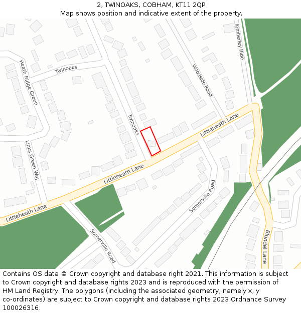 2, TWINOAKS, COBHAM, KT11 2QP: Location map and indicative extent of plot