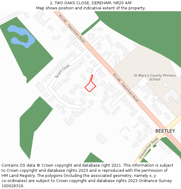 2, TWO OAKS CLOSE, DEREHAM, NR20 4AF: Location map and indicative extent of plot