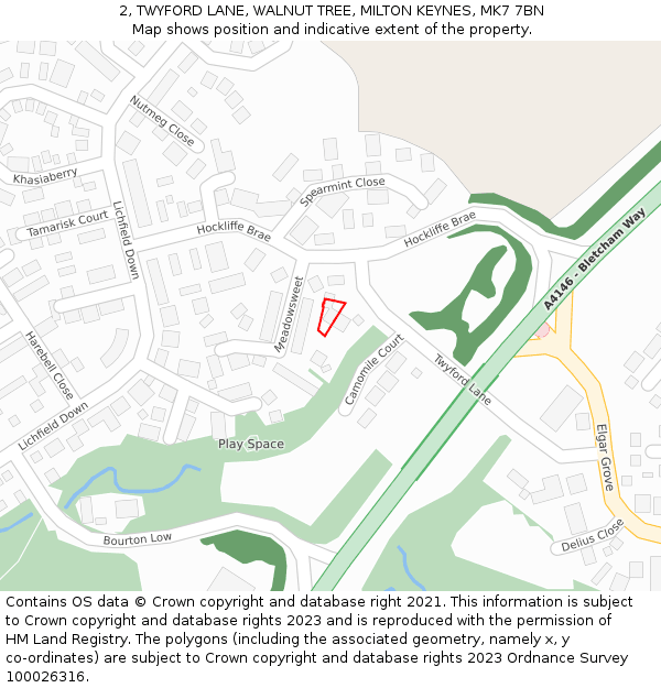 2, TWYFORD LANE, WALNUT TREE, MILTON KEYNES, MK7 7BN: Location map and indicative extent of plot