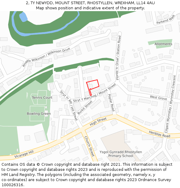 2, TY NEWYDD, MOUNT STREET, RHOSTYLLEN, WREXHAM, LL14 4AU: Location map and indicative extent of plot