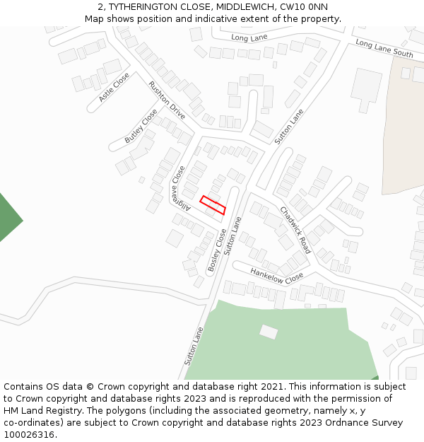 2, TYTHERINGTON CLOSE, MIDDLEWICH, CW10 0NN: Location map and indicative extent of plot