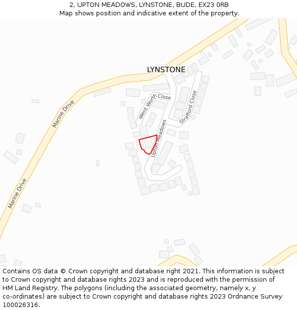 2, UPTON MEADOWS, LYNSTONE, BUDE, EX23 0RB: Location map and indicative extent of plot