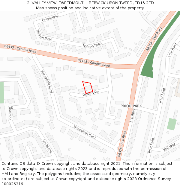 2, VALLEY VIEW, TWEEDMOUTH, BERWICK-UPON-TWEED, TD15 2ED: Location map and indicative extent of plot