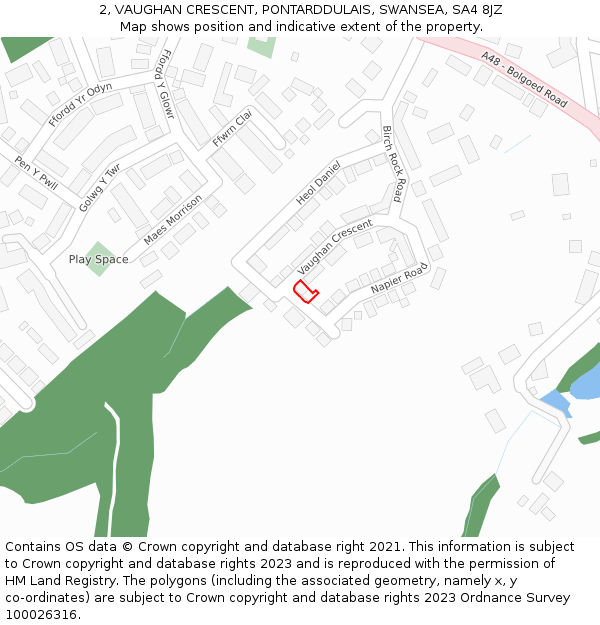 2, VAUGHAN CRESCENT, PONTARDDULAIS, SWANSEA, SA4 8JZ: Location map and indicative extent of plot