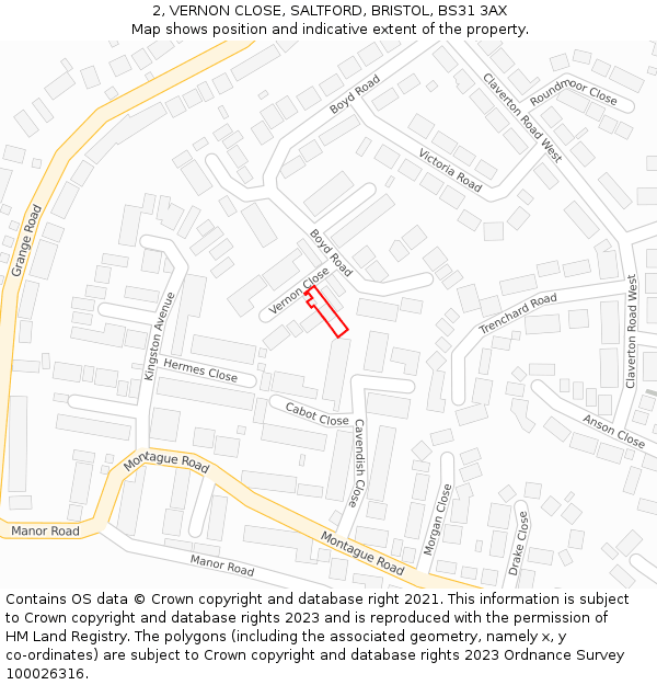 2, VERNON CLOSE, SALTFORD, BRISTOL, BS31 3AX: Location map and indicative extent of plot
