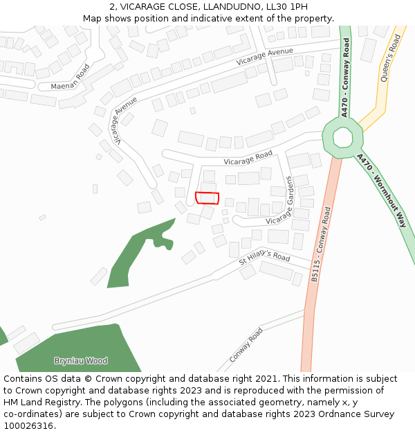 2, VICARAGE CLOSE, LLANDUDNO, LL30 1PH: Location map and indicative extent of plot