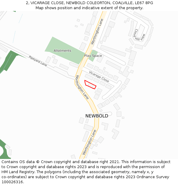 2, VICARAGE CLOSE, NEWBOLD COLEORTON, COALVILLE, LE67 8PG: Location map and indicative extent of plot