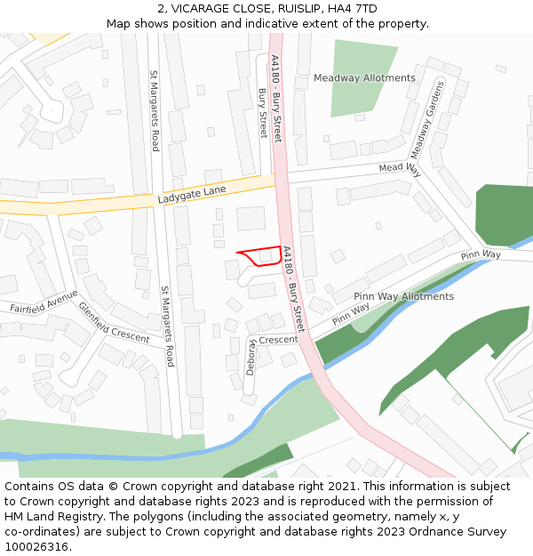 2, VICARAGE CLOSE, RUISLIP, HA4 7TD: Location map and indicative extent of plot