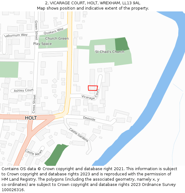 2, VICARAGE COURT, HOLT, WREXHAM, LL13 9AL: Location map and indicative extent of plot