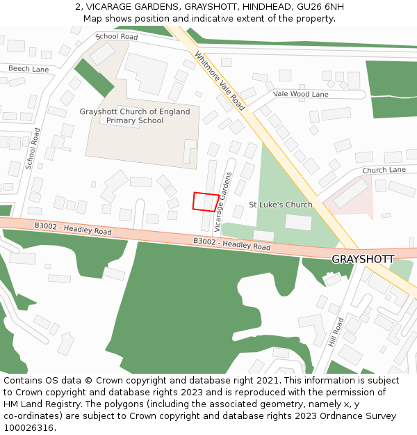 2, VICARAGE GARDENS, GRAYSHOTT, HINDHEAD, GU26 6NH: Location map and indicative extent of plot