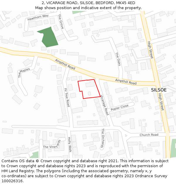 2, VICARAGE ROAD, SILSOE, BEDFORD, MK45 4ED: Location map and indicative extent of plot