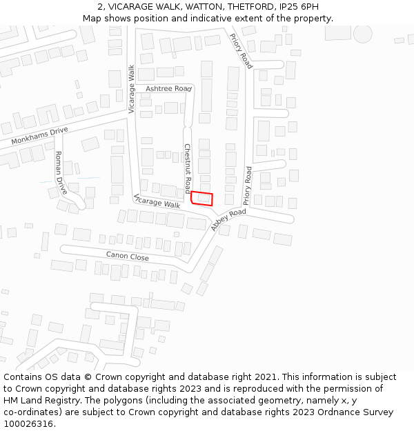 2, VICARAGE WALK, WATTON, THETFORD, IP25 6PH: Location map and indicative extent of plot