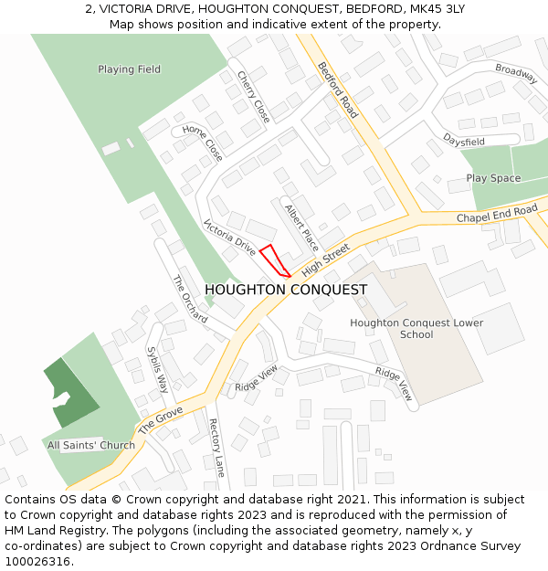 2, VICTORIA DRIVE, HOUGHTON CONQUEST, BEDFORD, MK45 3LY: Location map and indicative extent of plot