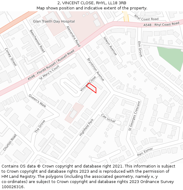 2, VINCENT CLOSE, RHYL, LL18 3RB: Location map and indicative extent of plot