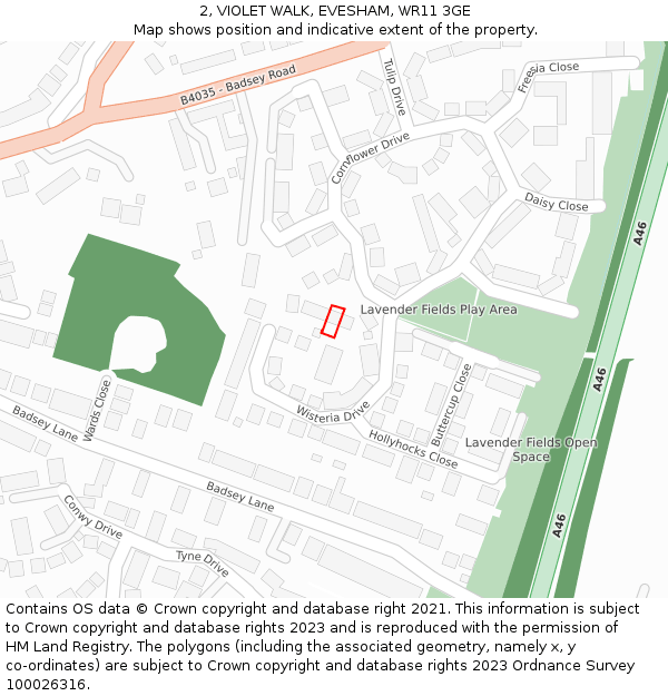 2, VIOLET WALK, EVESHAM, WR11 3GE: Location map and indicative extent of plot