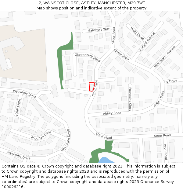 2, WAINSCOT CLOSE, ASTLEY, MANCHESTER, M29 7WT: Location map and indicative extent of plot