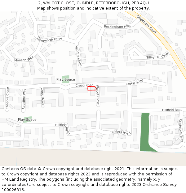 2, WALCOT CLOSE, OUNDLE, PETERBOROUGH, PE8 4QU: Location map and indicative extent of plot