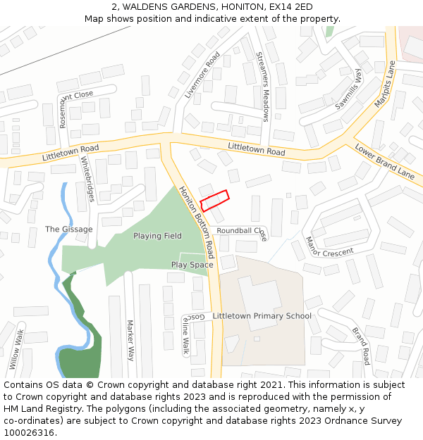 2, WALDENS GARDENS, HONITON, EX14 2ED: Location map and indicative extent of plot