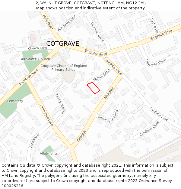 2, WALNUT GROVE, COTGRAVE, NOTTINGHAM, NG12 3AU: Location map and indicative extent of plot