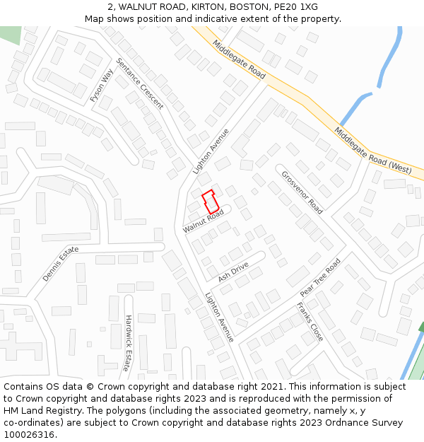 2, WALNUT ROAD, KIRTON, BOSTON, PE20 1XG: Location map and indicative extent of plot