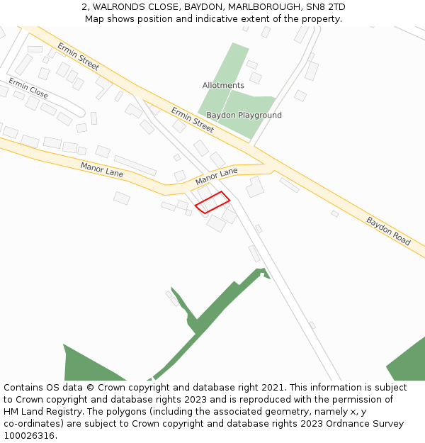 2, WALRONDS CLOSE, BAYDON, MARLBOROUGH, SN8 2TD: Location map and indicative extent of plot