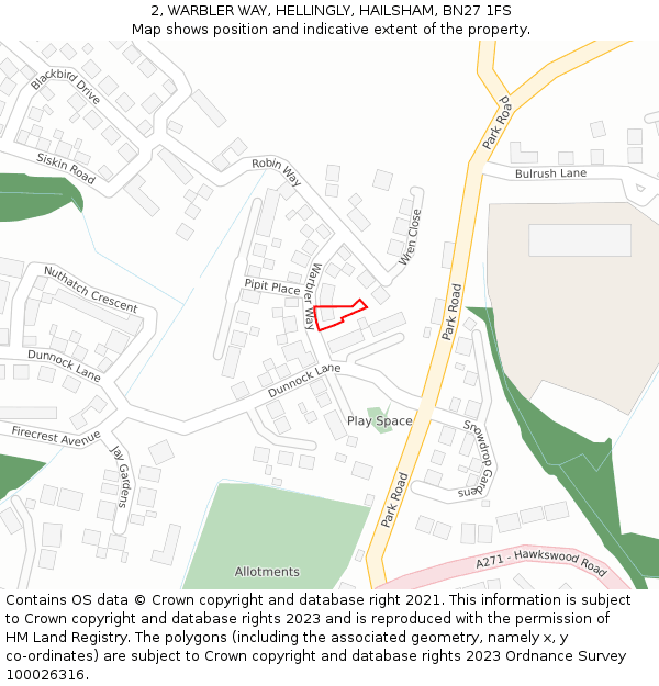 2, WARBLER WAY, HELLINGLY, HAILSHAM, BN27 1FS: Location map and indicative extent of plot