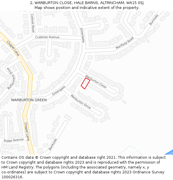 2, WARBURTON CLOSE, HALE BARNS, ALTRINCHAM, WA15 0SJ: Location map and indicative extent of plot