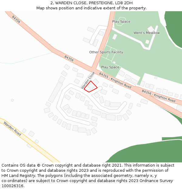 2, WARDEN CLOSE, PRESTEIGNE, LD8 2DH: Location map and indicative extent of plot
